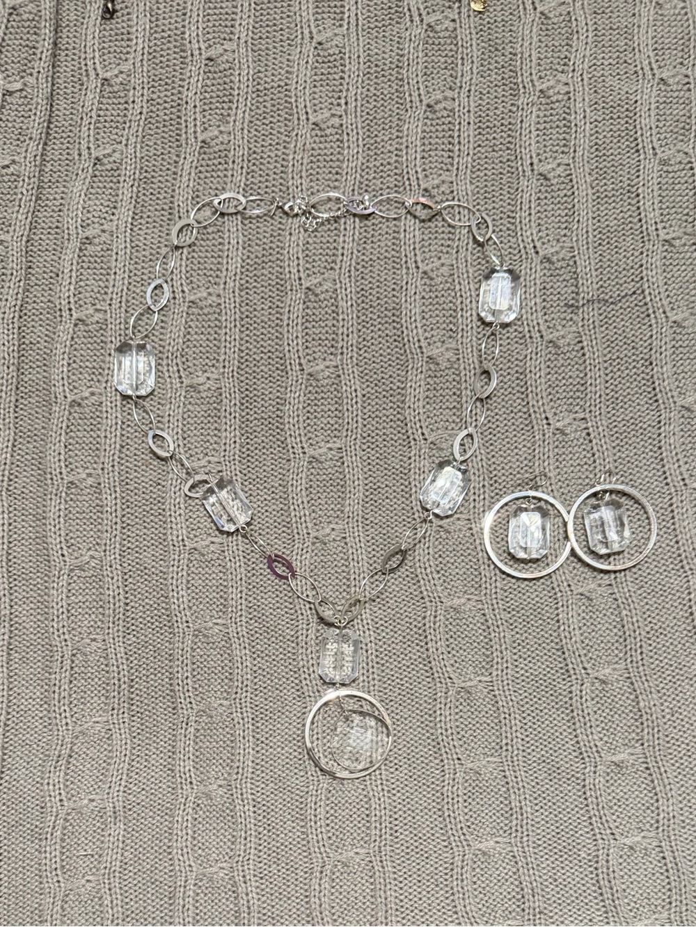 Silver Crystal Pendant Necklace and Earrings Set - Clear Stones